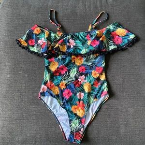 Tropical & Floral Flounce Pom-pom Trim One Piece Swimsuit